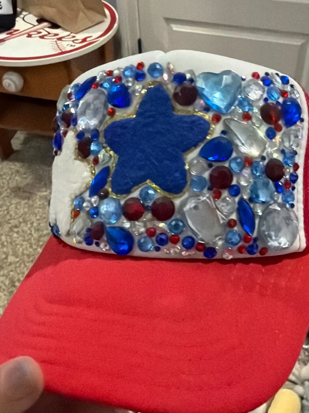 Kids Red Trucker Hat with Blue & White Star Gems
